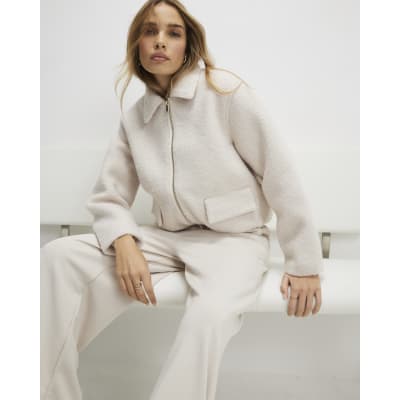 Cream Textured Harrington Zip Jacket