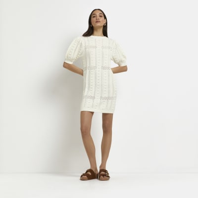 Cream textured knit bodycon mini dress