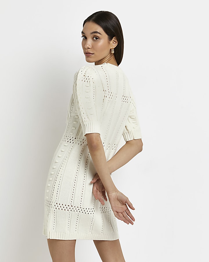 Cream textured knit bodycon mini dress