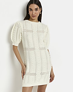 Cream textured knit bodycon mini dress