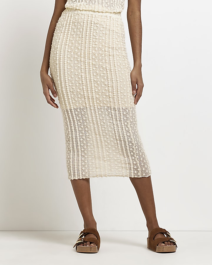 Cream textured lace midi skirt