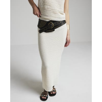 Cream Textured Midi Skirt River Island