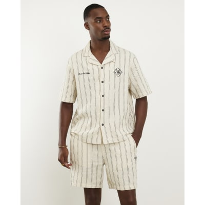 Cream Textured Pinstripe Revere Shirt