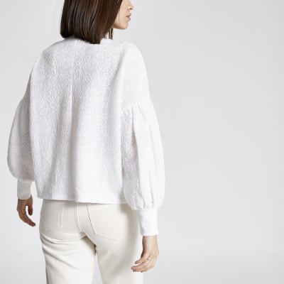 Cream textured puff sleeve sweatshirt