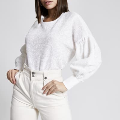 Cream textured puff sleeve sweatshirt
