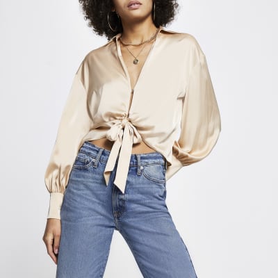 Cream Tie Front Satin Shirt