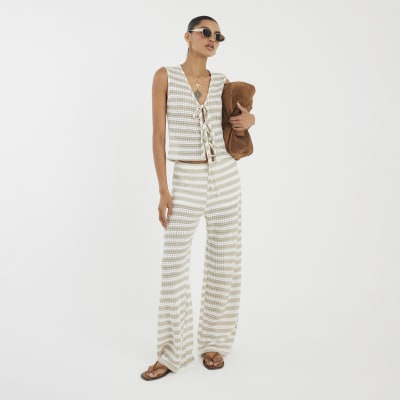 Cream Tie Front Striped Crochet Top