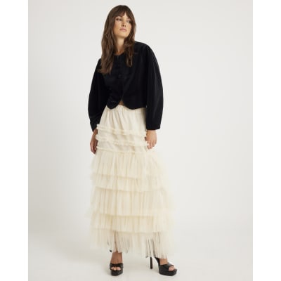 Cream Tulle Mesh maxi Skirt