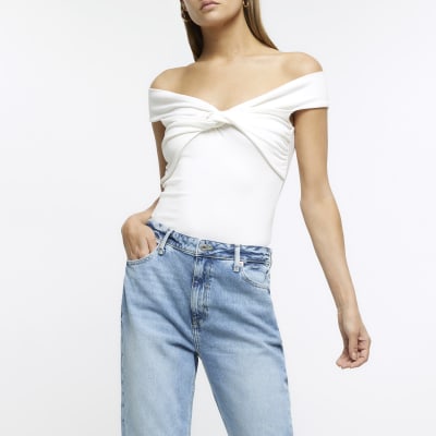 Cream twist front bardot top River Island
