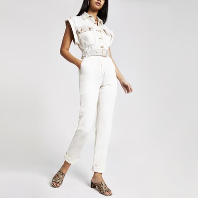Cream utility boiler jumpsuit