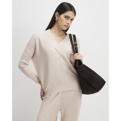 Cream V Neck Ribbed Jumper