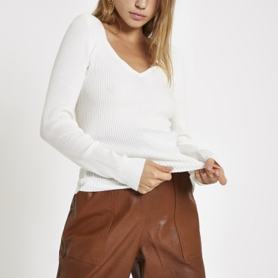 Cream V neck ribbed top