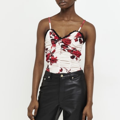 Cream velvet floral ruched cami top River Island
