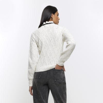 Cream velvet tie jumper River Island