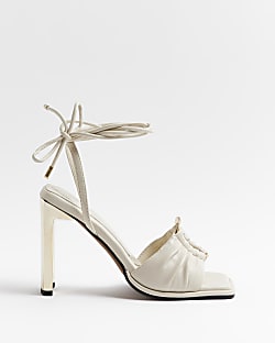 Cream wide fit ankle tie heeled sandals