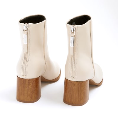 Cream wide fit block heeled ankle boots River Island