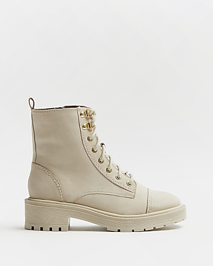 Cream wide fit leather biker boots
