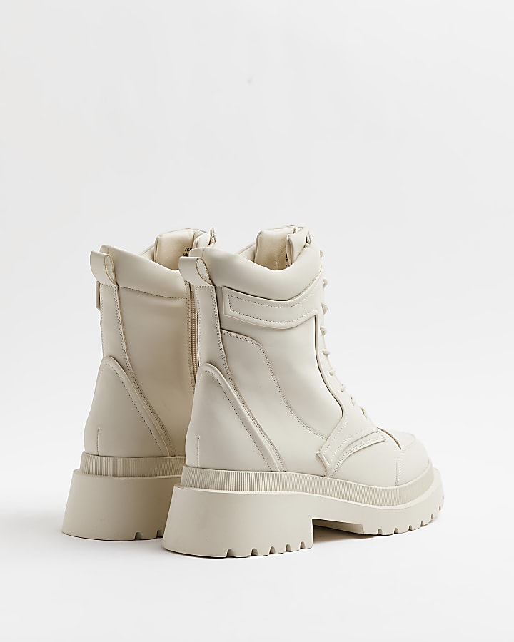 Cream wide fit padded biker ankle boots