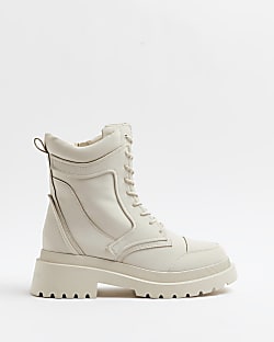 Cream wide fit padded biker ankle boots