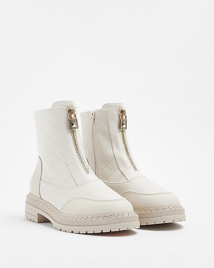 Cream wide fit quilted ankle boots