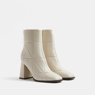 Cream wide fit quilted heeled ankle boots | River Island