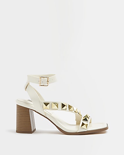 Cream wide fit studded heeled sandals