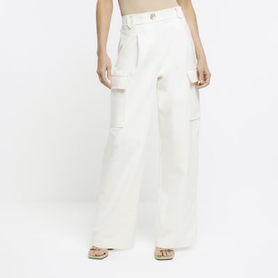 Cream wide leg cargo trousers River Island