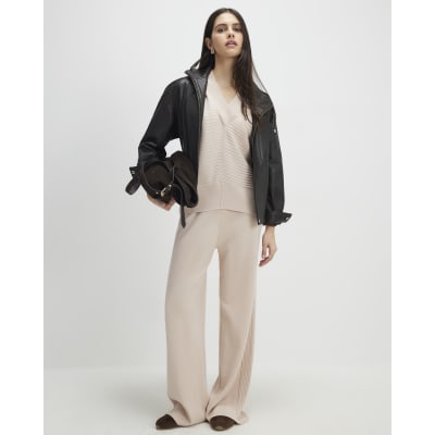 Cream Wide leg Knitted Rib Trousers