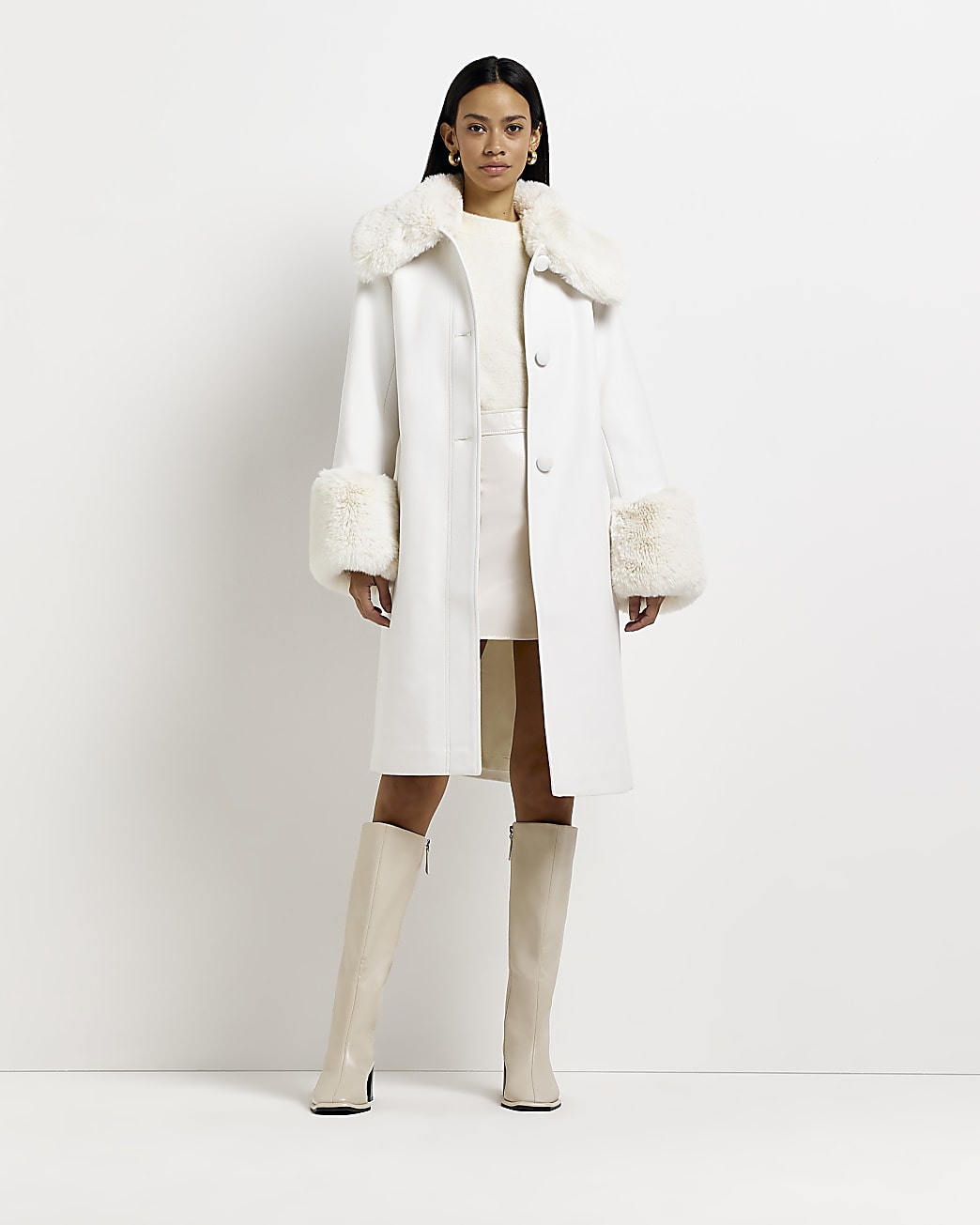 River Island Womens Cream faux fur detail longline coat