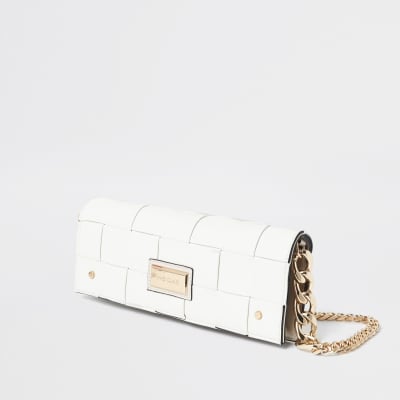 Cream woven baguette clutch bag