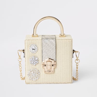 Cream woven gem boxy cross body bag River Island