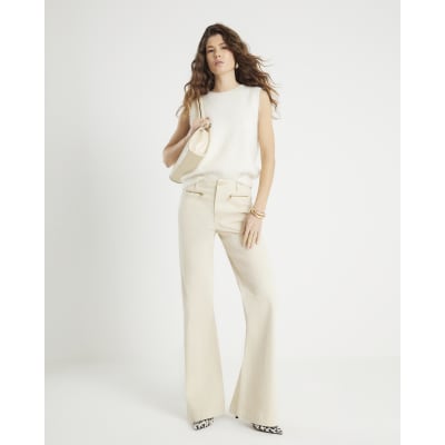 Cream Zip Front Relaxed Flared Jeans