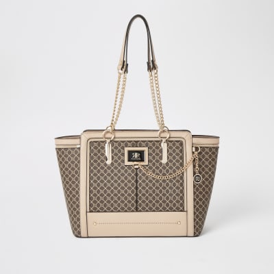 Dark beige RI monogram winged tote bag | River Island