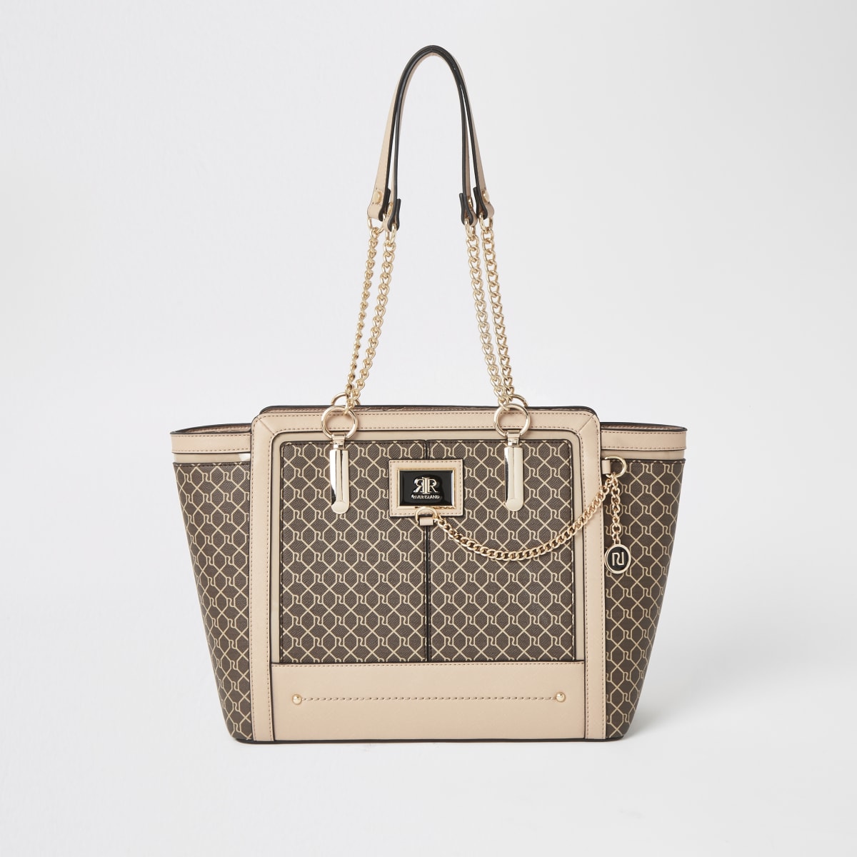 Beige RI monogram tote cross body bag | River Island