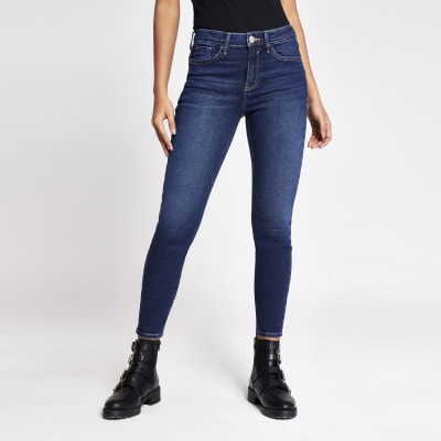 Dark blue Amelie mid rise super skinny jeans | River Island