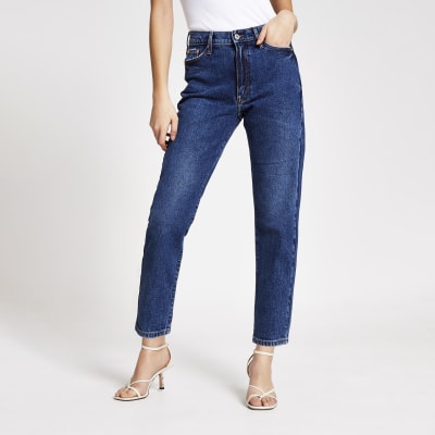 high rise dark blue jeans