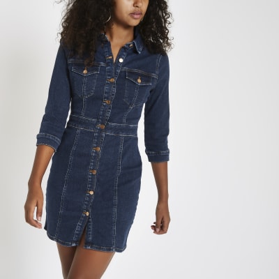 Dark blue denim fitted shirt dress