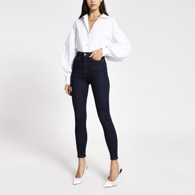 ladies dark blue skinny jeans