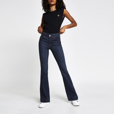 Dark blue high rise flare jeans | River Island