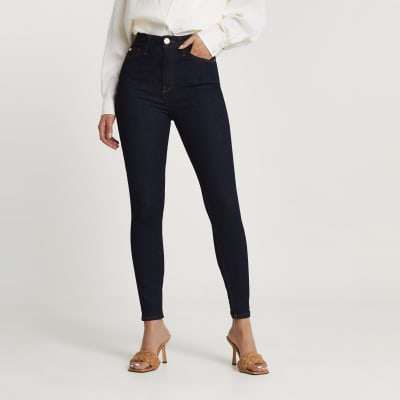 Dark blue high waisted skinny jeans | River Island