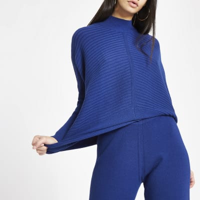 Dark blue knit high neck long sleeve jumper