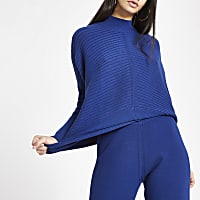 Dark blue knit high neck long sleeve jumper