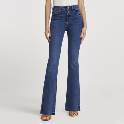 Dark blue mid rise flare jeans