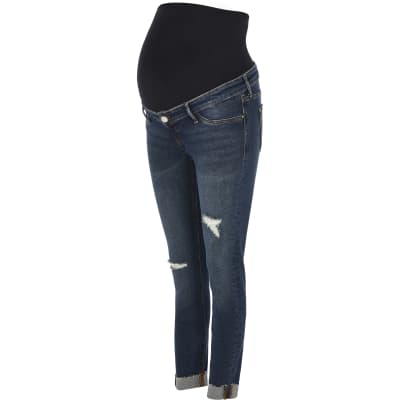 Dark Blue Molly ripped skinny maternity jeans | River Island