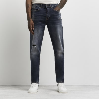 Dark Blue Ripped Relaxed Fit Jeans River Island