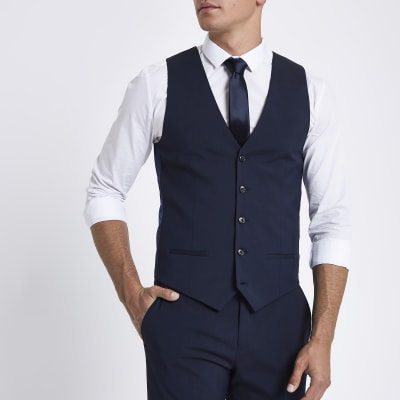 Mens navy 2024 suit with waistcoat