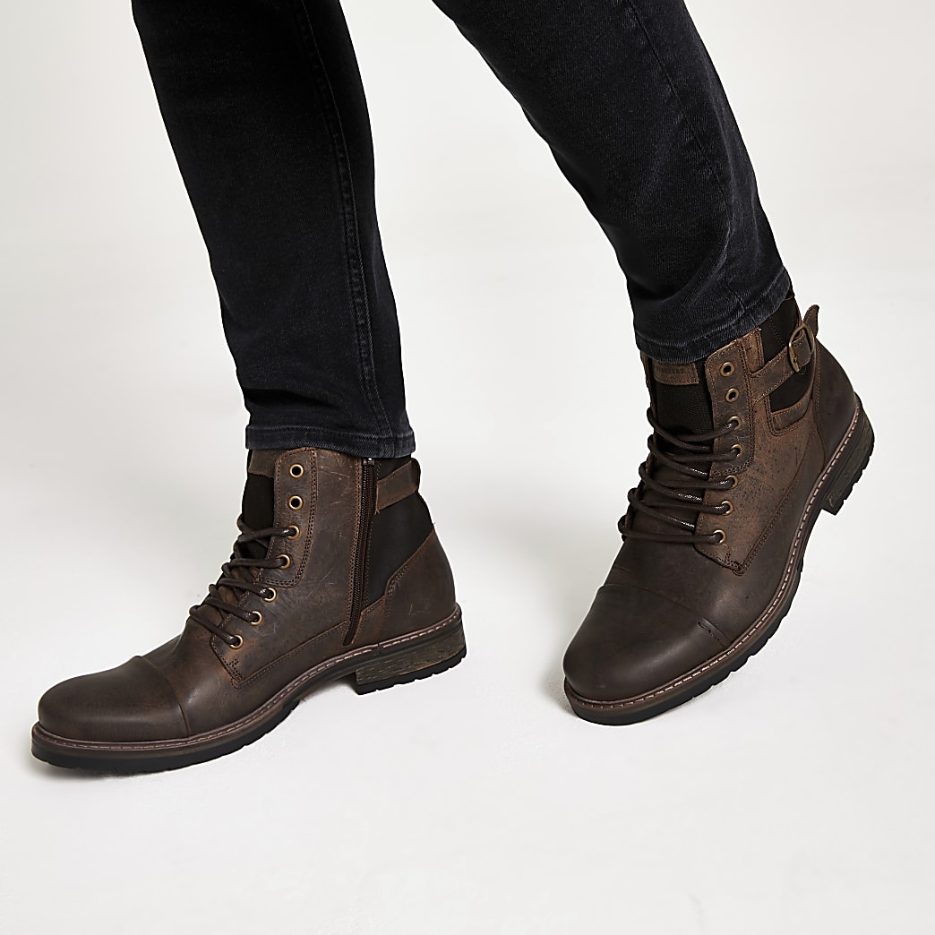 Dark brown buckle lace-up leather boots | River Island