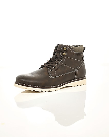 360 degree animation of product Dark brown faux leather lace-up boots frame-0