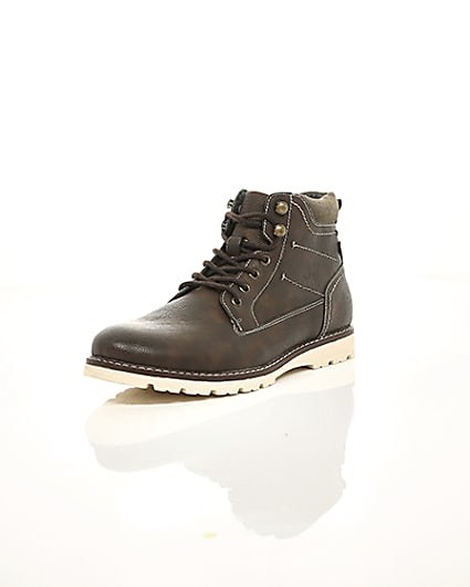 360 degree animation of product Dark brown faux leather lace-up boots frame-1