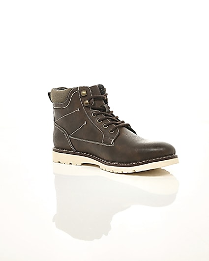 360 degree animation of product Dark brown faux leather lace-up boots frame-7